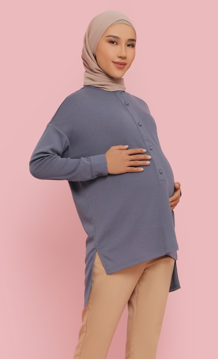 Oversized Knit Button Top in Dusty Blue image 2