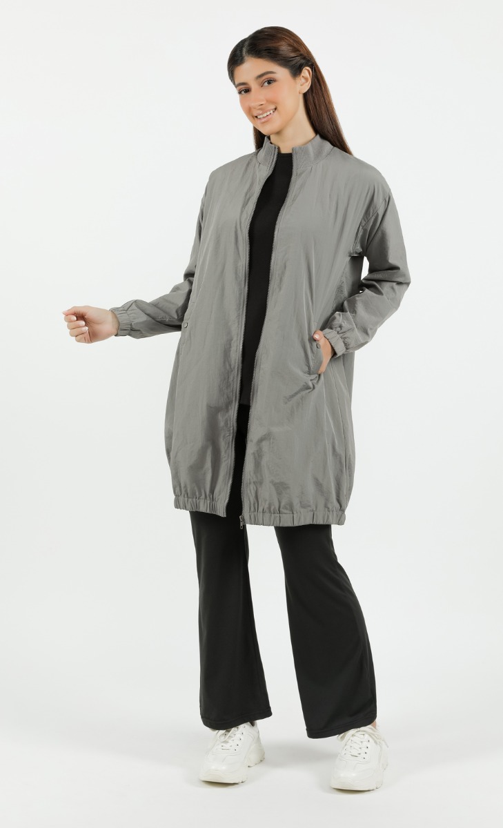 Long Detachable Hooded Jacket in Grey