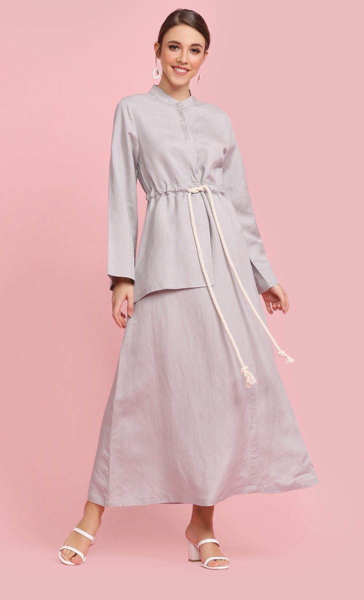 Long Sleeve Dress With Rope Belt in Azure Grey