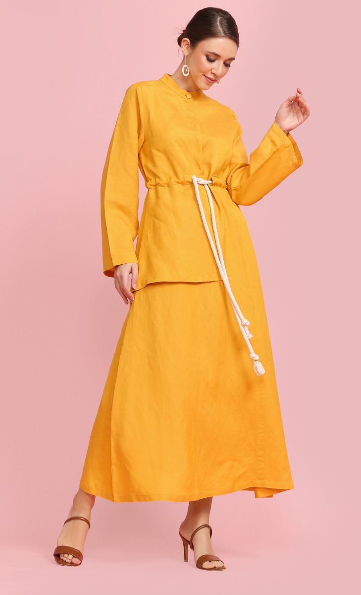 Long Sleeve Dress With Rope Belt in Butterscotch