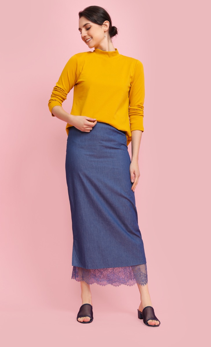 Long Sleeve High Neck Top In Mustard