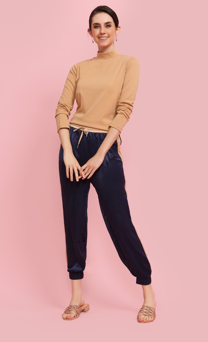 Long Sleeve High Neck Top In Tan