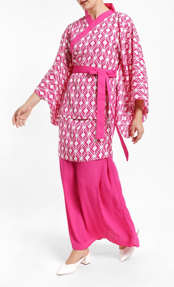 Kimora Kimono Kurung Set In Origami Fuchsia Pink