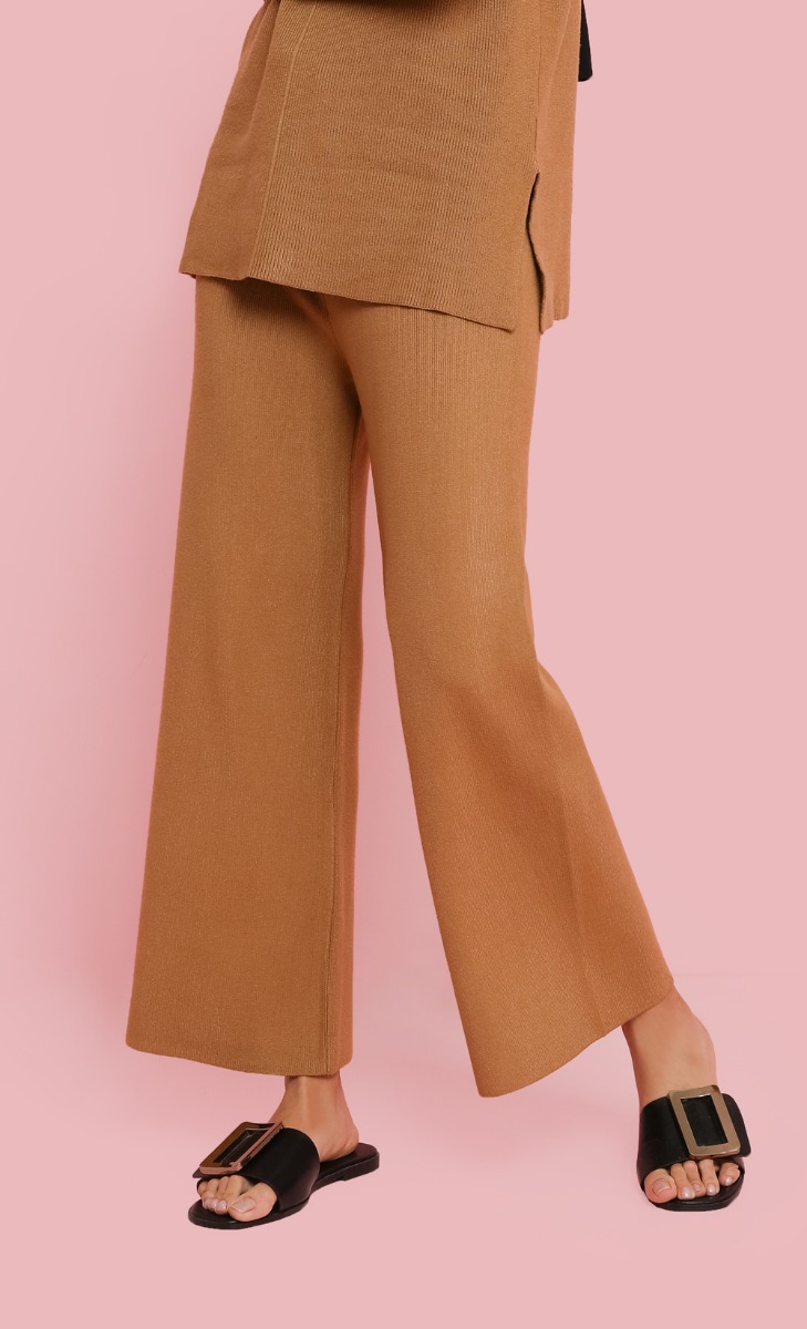 Fine-Knit Wide Leg Pants in Khaki