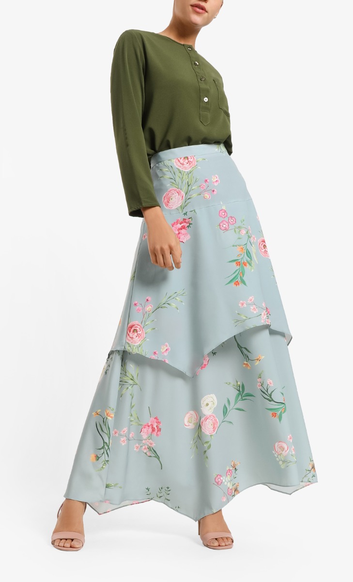 Hibbatul Fluted Tier Skirt  in Mint Floral