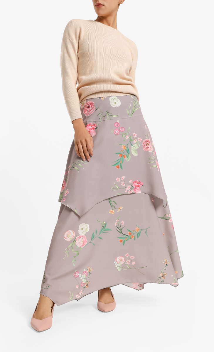 Hibbatul Fluted Tier Skirt in Grey Violet Floral