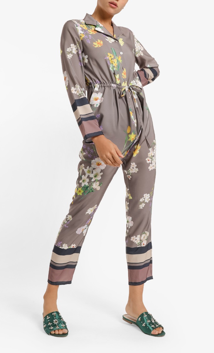 Zanny Front Button Jumpsuit in Grey Brown Floral