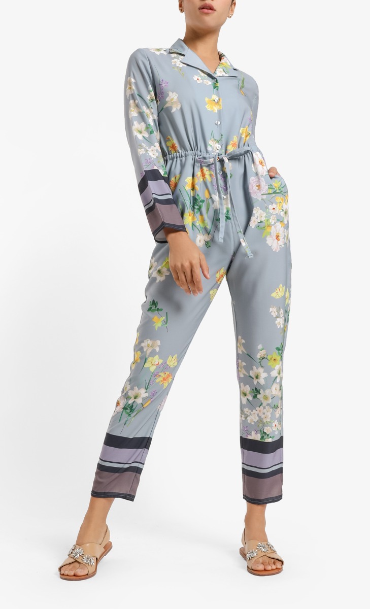 Zanny Front Button Jumpsuit in Light Blue Floral
