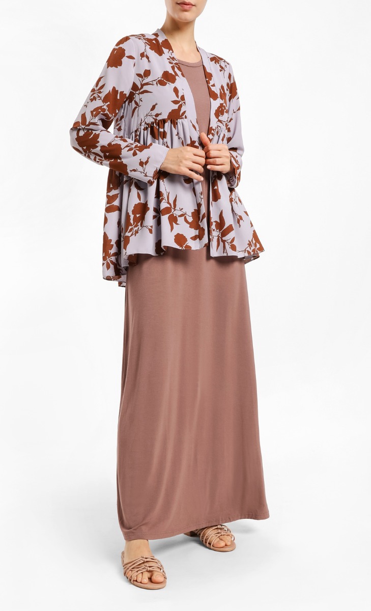 Hilah Gathered Cardigan in  Lavender & Brown Floral