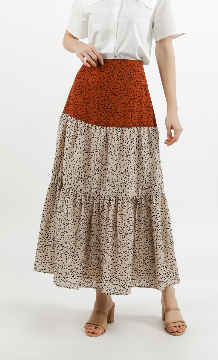 Printed Tiered Skirt in Copper