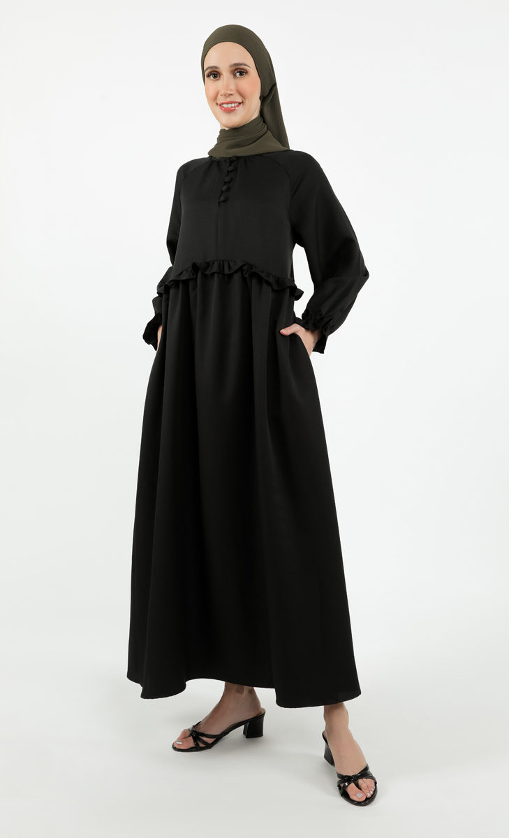 Puffed Sleeve Tiered Dress in Black