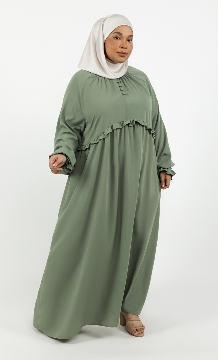 Puffed Sleeve Tiered Dress in Green