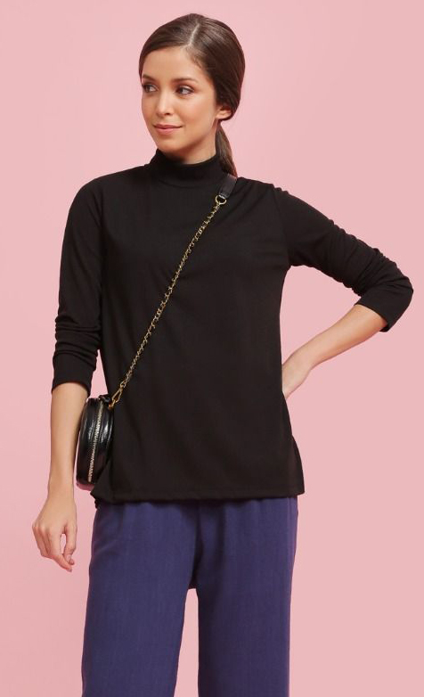 Ribbed Long Sleeve High Neck Top In Black