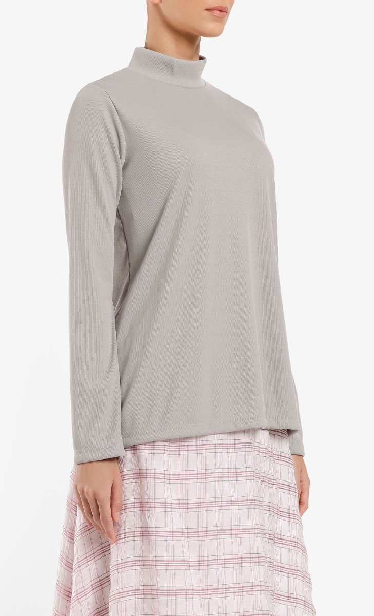 Ribbed Long Sleeve High Neck Top In Grey image 2