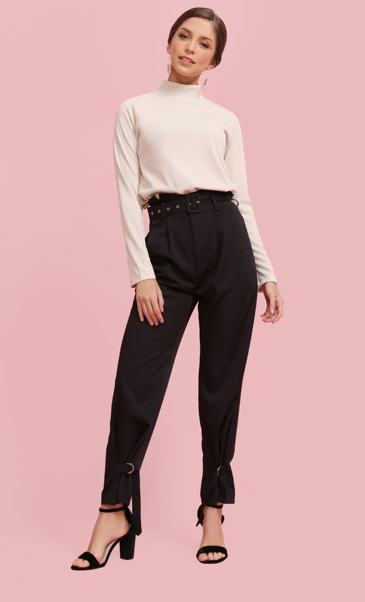 Ribbed Long Sleeve High Neck Top In Nude