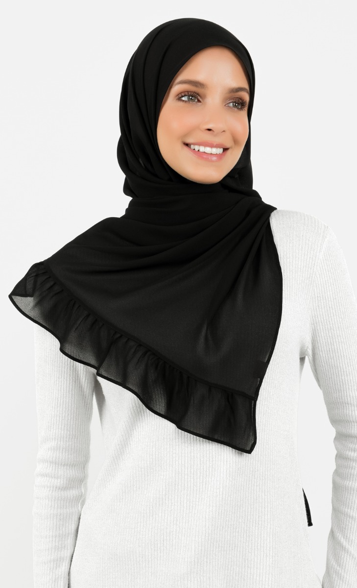 Ribbon Semi-Instant Gathered Hijab in Black