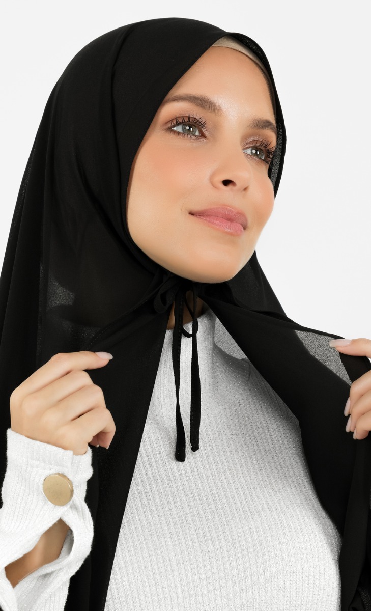Ribbon Semi-Instant Gathered Hijab in Black image 2