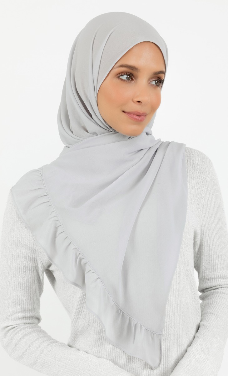 Ribbon Semi-Instant Gathered Hijab in Grey
