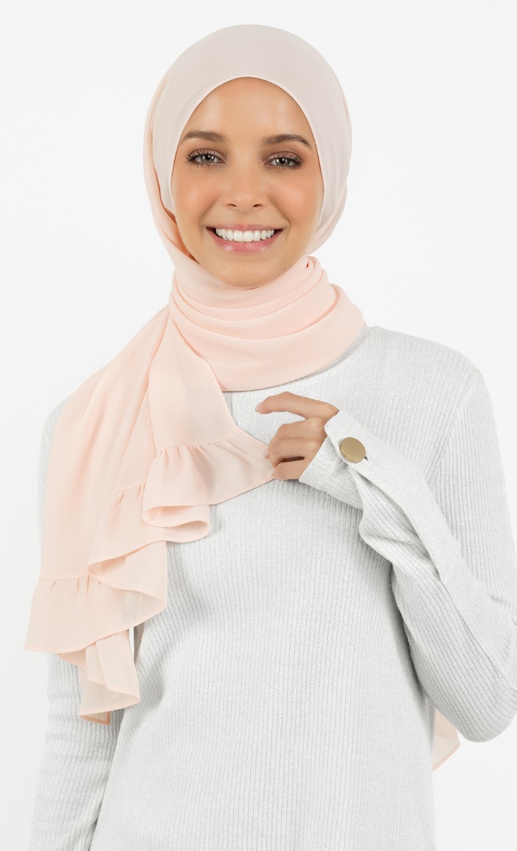 Ribbon Semi-Instant Gathered Hijab in Soft Pink