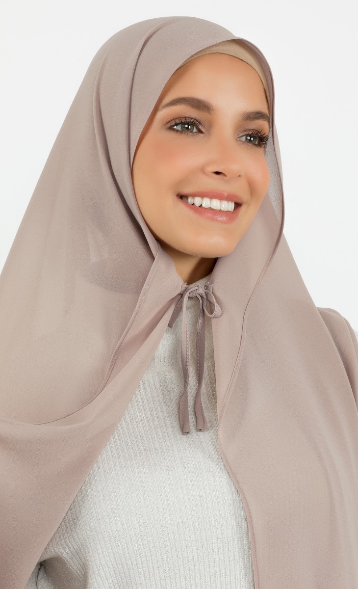 Ribbon Semi-Instant Gathered Hijab in Taupe image 2