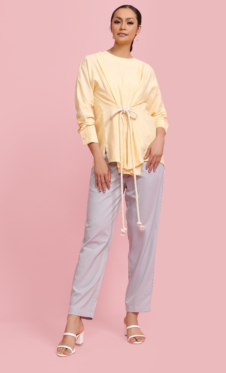 Round Neck Top with Rope Belt in Buttermilk