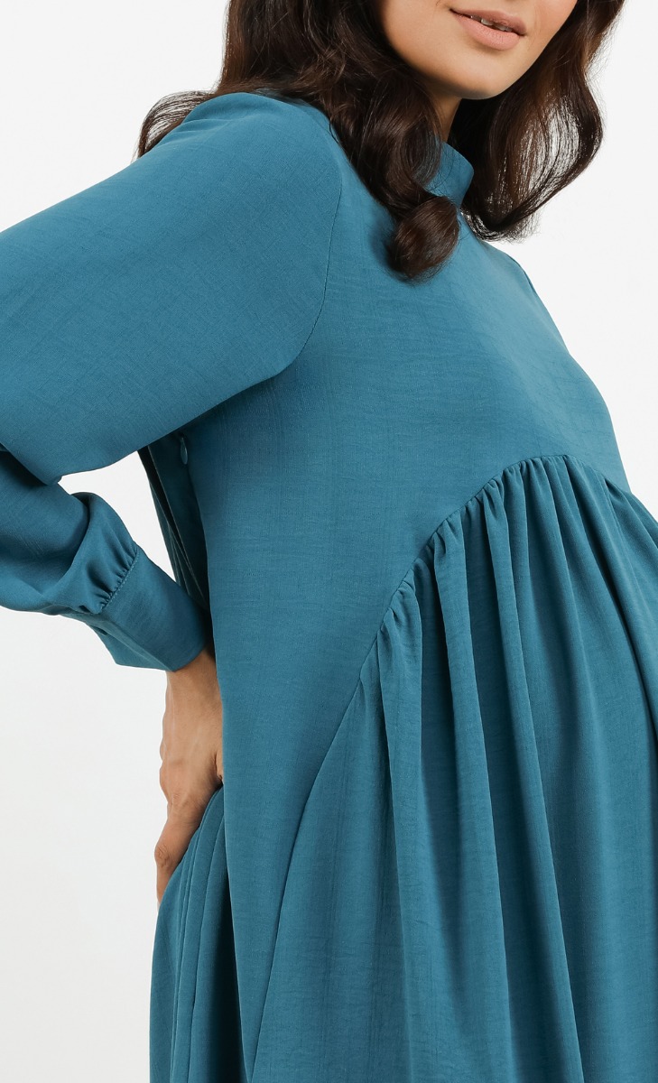 Textured Gathered Dress in Teal image 2
