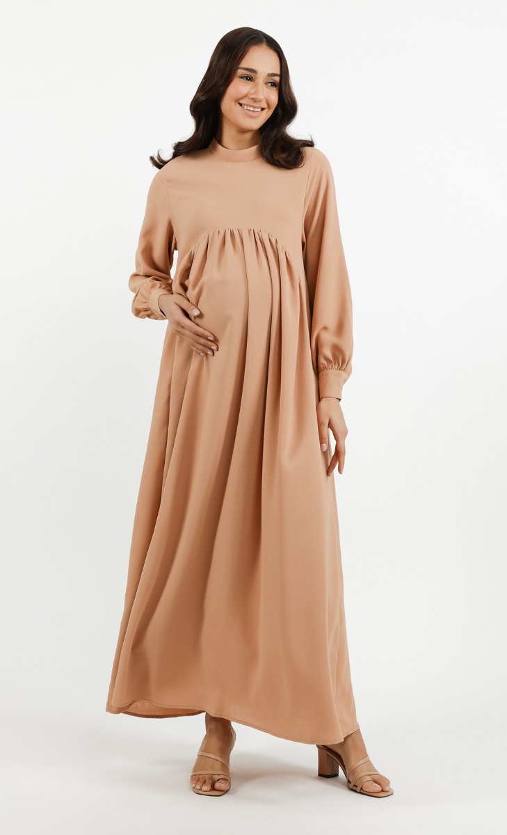Textured Gathered Dress in Toffee