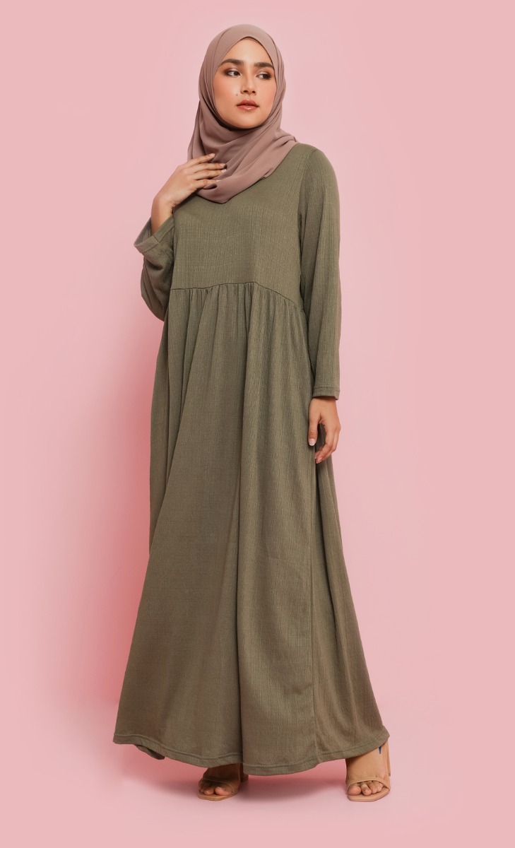 Textured High Neck Dress in Olive Green