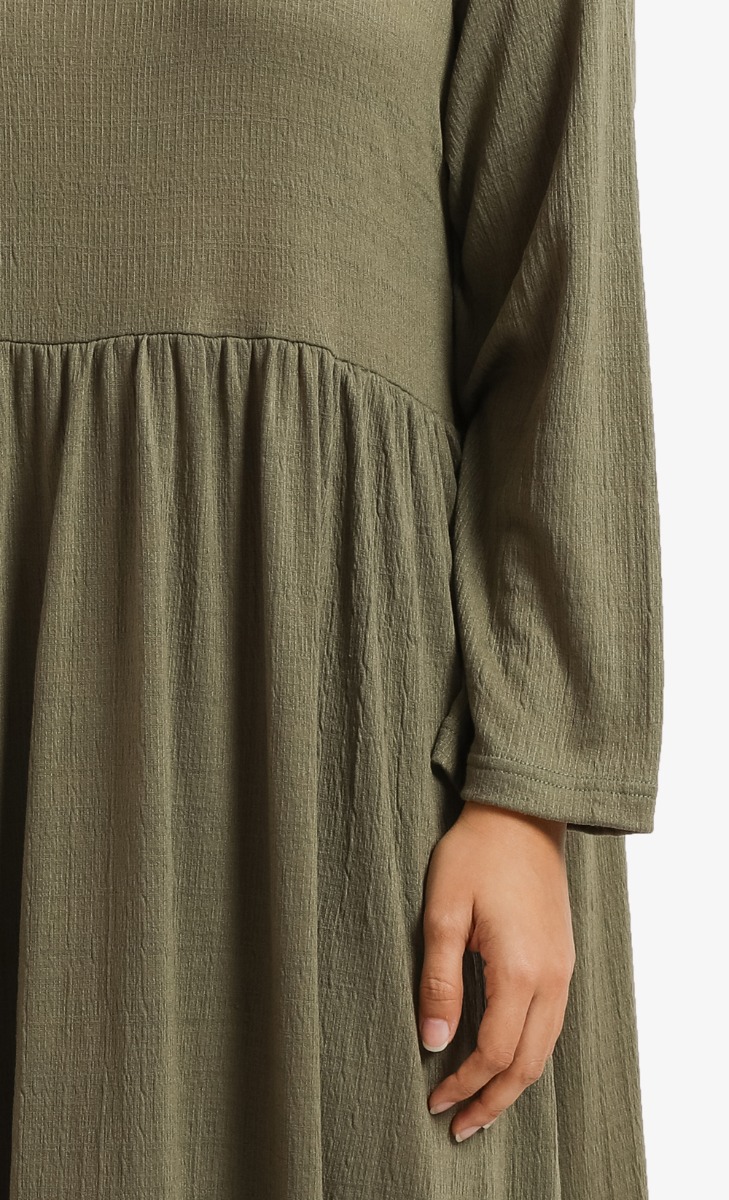 Textured High Neck Dress in Olive Green image 2