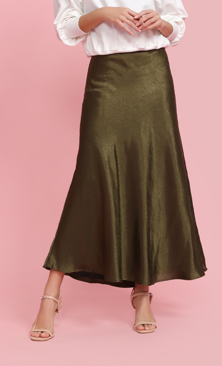 Textured Satin Skirt in Olive Green