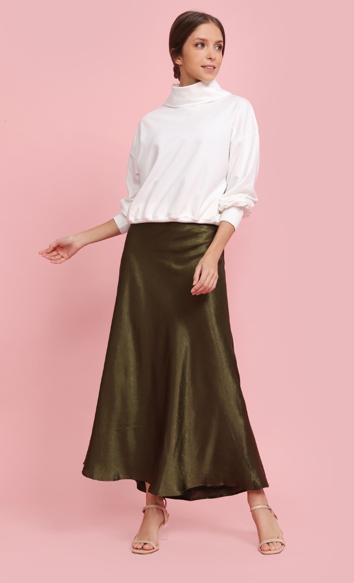 Textured Satin Skirt in Olive Green image 2