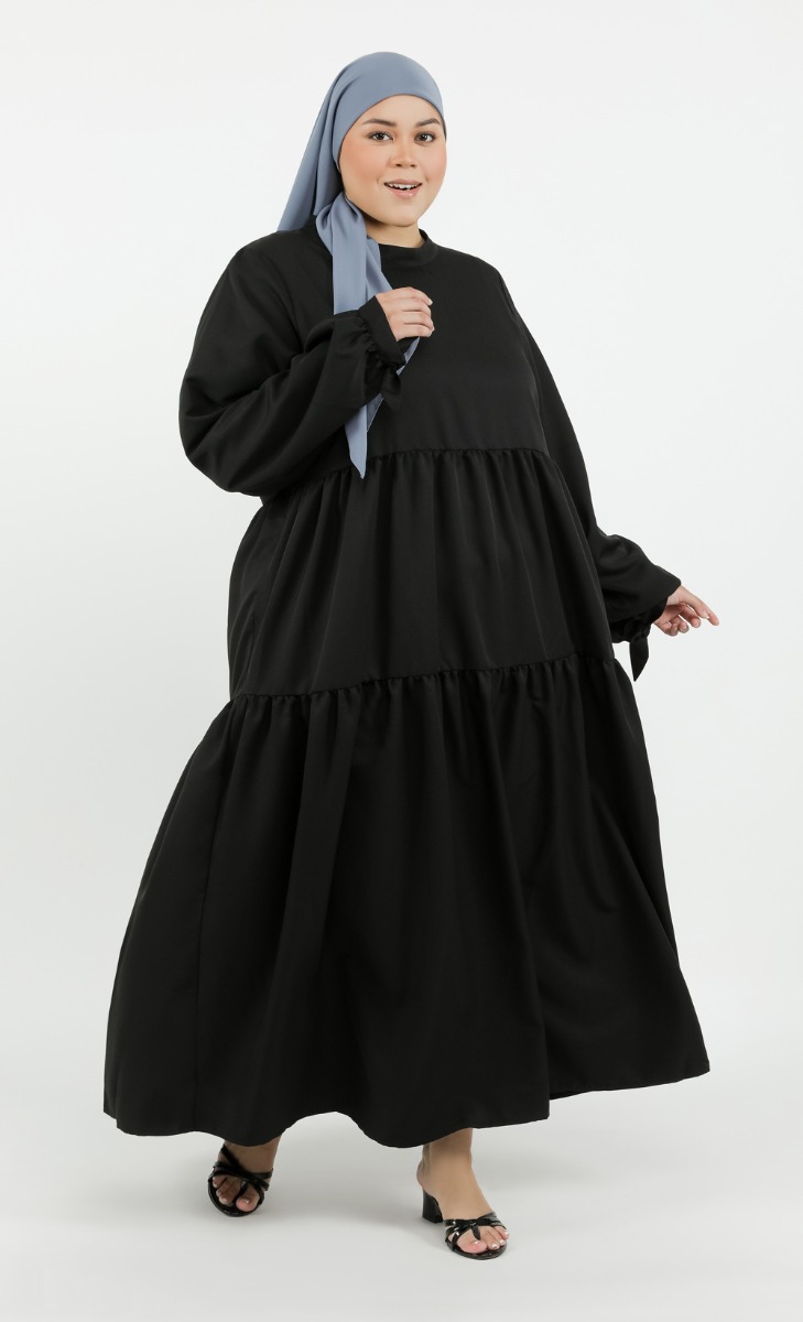 Tie Cuff Tiered Dress in Black