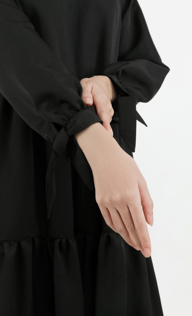 Tie Cuff Tiered Dress in Black image 2