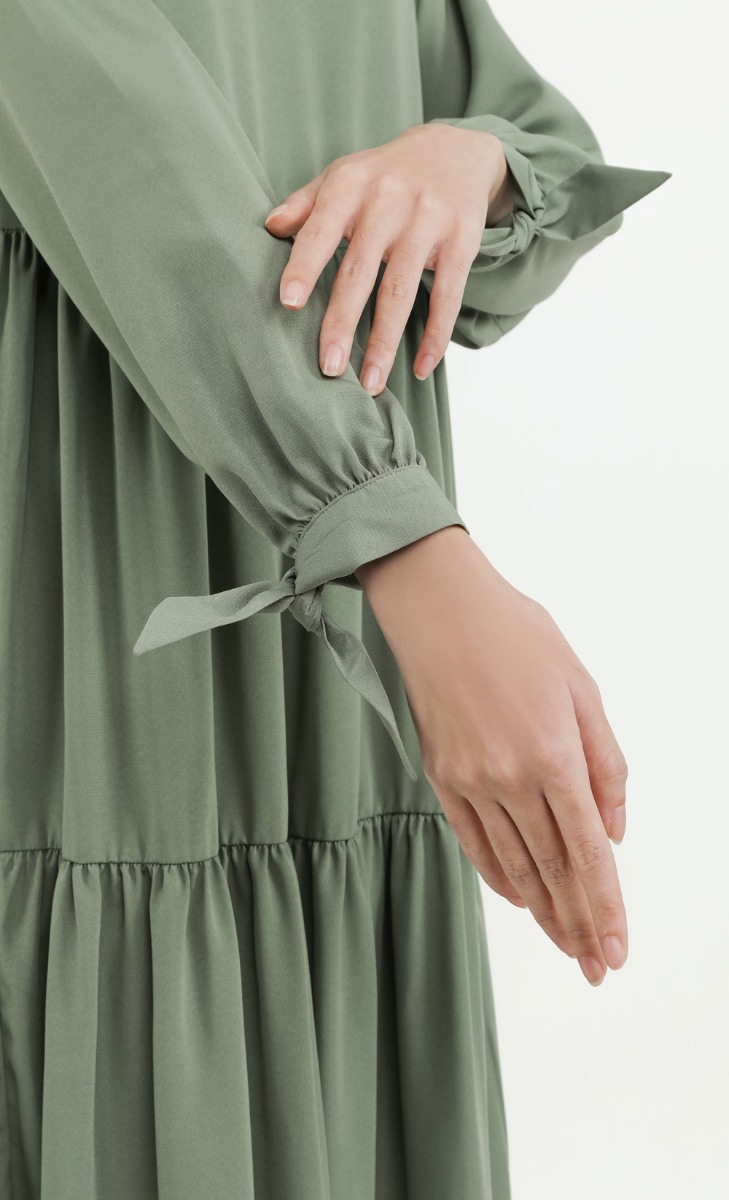 Tie Cuff Tiered Dress in Green image 2