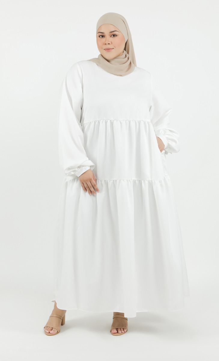 Tie Cuff Tiered Dress in White