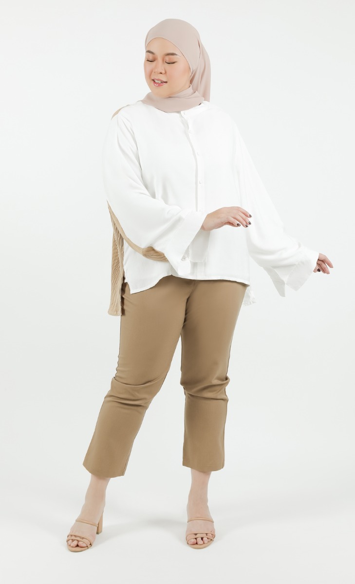Two-Toned Pleated Shirt in White & Sand