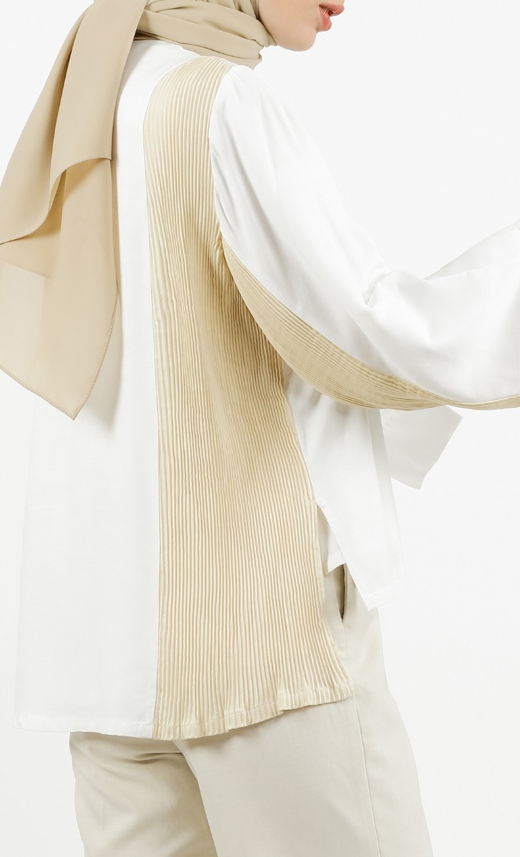 Two-Toned Pleated Shirt in White & Butter Cream image 2